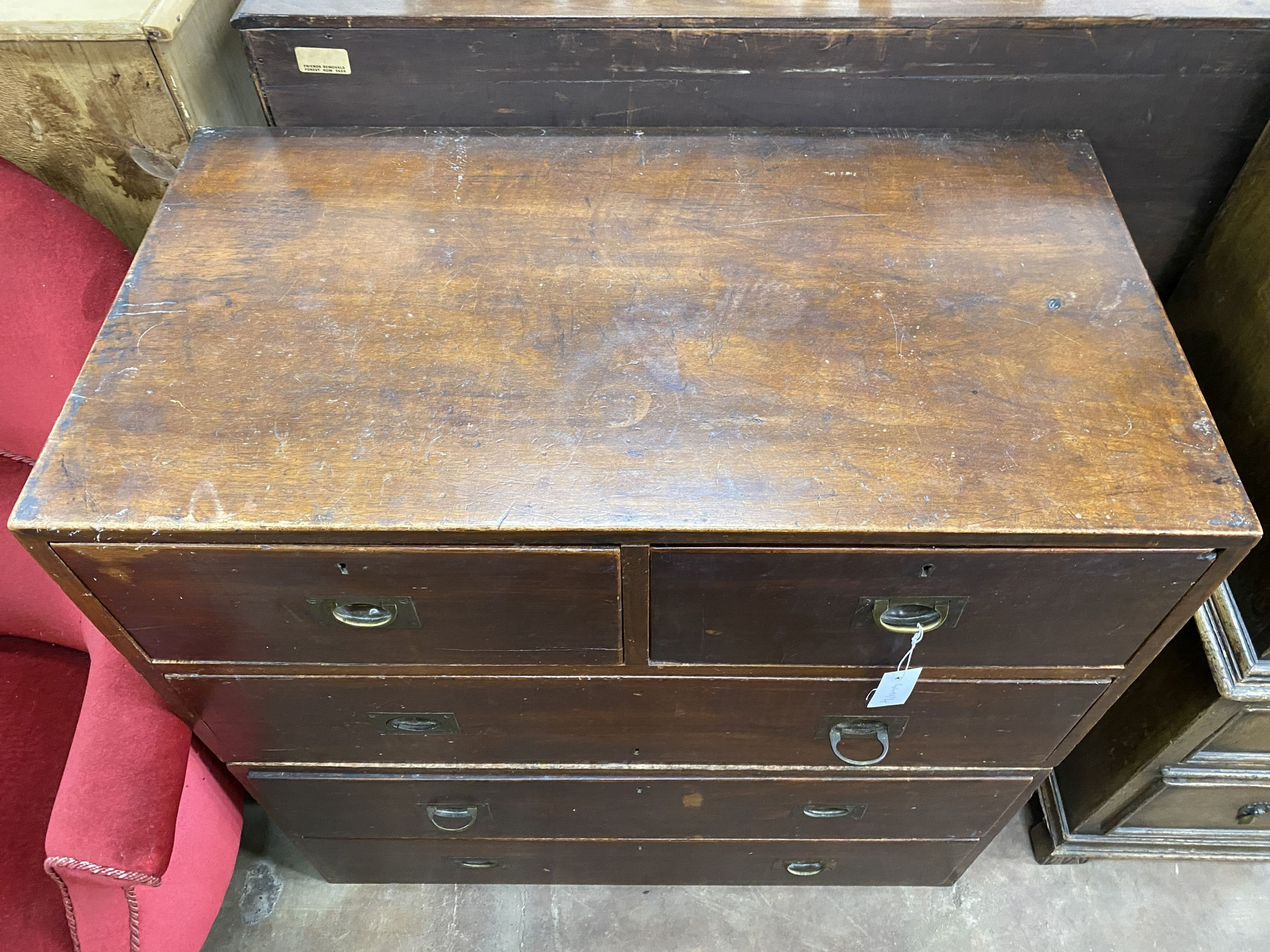 A 19th century two part teak military chest, width 91cm, depth 49cm, height 91cm